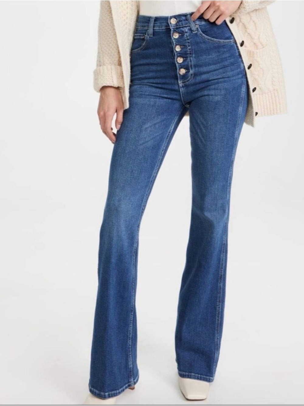 High-Rise Button-Fly Flare Jeans - Blue